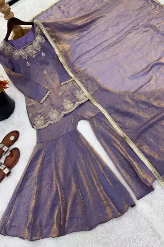 lavender color embroidery sequence work with zarkan diamond work   silk blend   kurta set