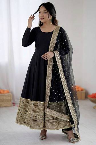 black codding sequence roman silk blend anarkali gown set