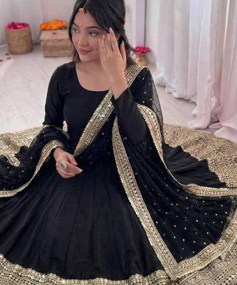 black color codding sequence work roman silk blend   anarkali gown set 3
