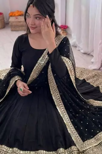 black color codding sequence work roman silk blend   anarkali gown set