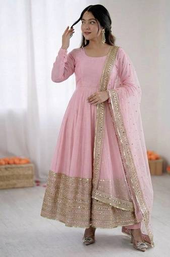 baby pink codding sequence roman silk blend t anarkali gown set