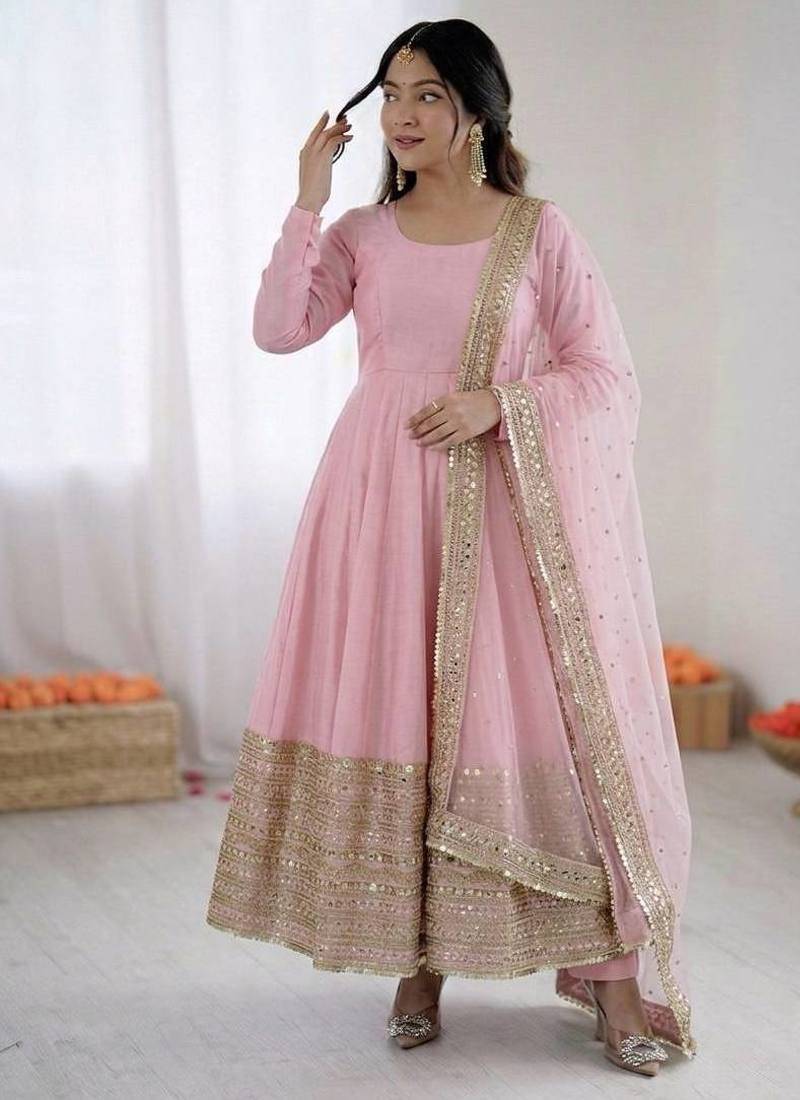 baby pink color codding sequence work roman silk blend  t anarkali gown set