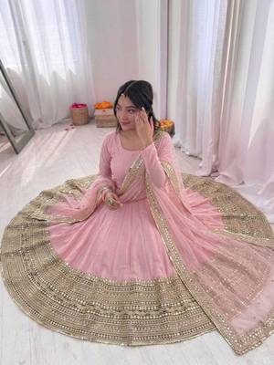 baby pink color codding sequence work roman silk blend  t anarkali gown set 3