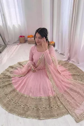 baby pink color codding sequence work roman silk blend  t anarkali gown set
