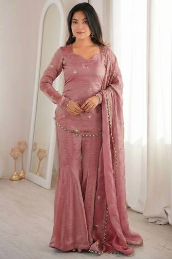 peach embroidery sequence silk blend kurta set