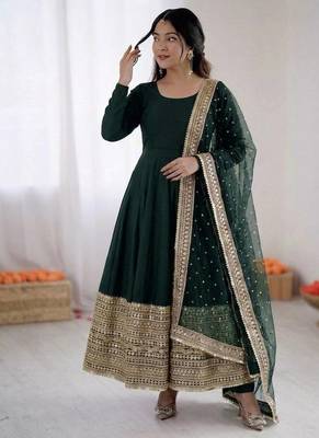 dark green color codding sequence work roman silk blend   anarkali gown set 1