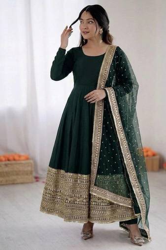 dark green color codding sequence work roman silk blend   anarkali gown set