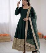 dark green color codding sequence work roman silk blend   anarkali gown set