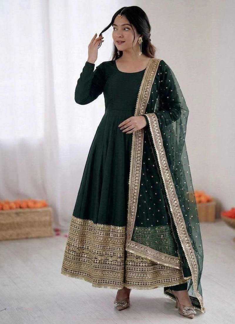 dark green color codding sequence work roman silk blend   anarkali gown set