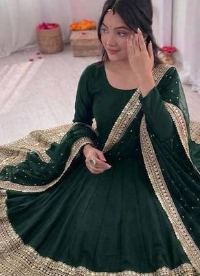 dark green color codding sequence work roman silk blend   anarkali gown set 3