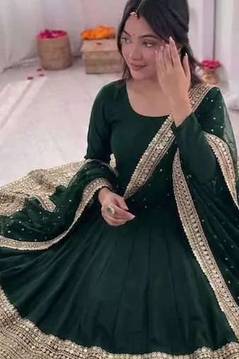 dark green color codding sequence work roman silk blend   anarkali gown set