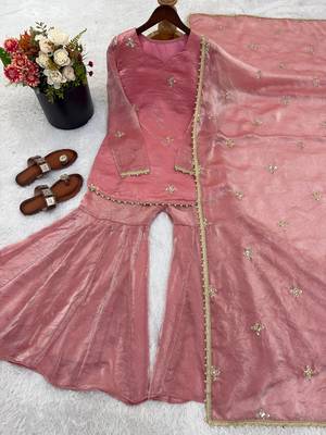 peach color embroidery sequence work   silk blend   kurta set 3