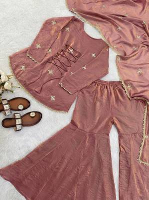 peach color embroidery sequence work   silk blend   kurta set 4