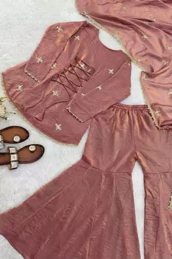 peach color embroidery sequence work   silk blend   kurta set