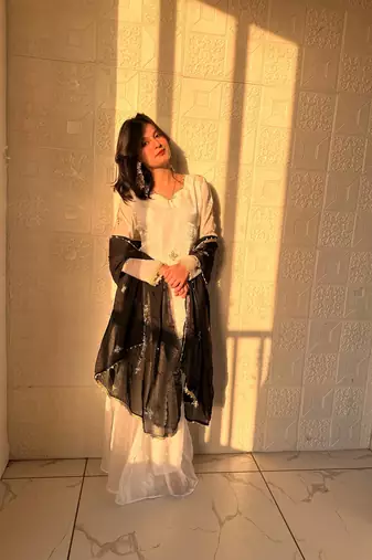white color embroidery sequence work   silk blend   kurta set