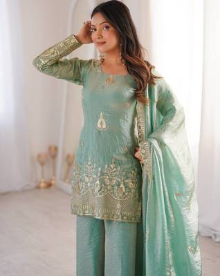 sea green color embroidery sequence work   silk blend   kurta set 1