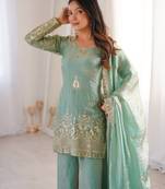 sea green color embroidery sequence work   silk blend   kurta set