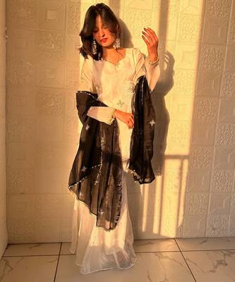 white color embroidery sequence work   silk blend   kurta set 2
