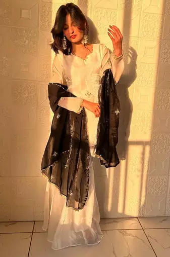 white color embroidery sequence work   silk blend   kurta set