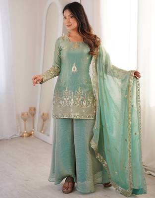 sea green color embroidery sequence work   silk blend   kurta set 2