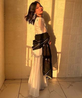 white color embroidery sequence work   silk blend   kurta set 3