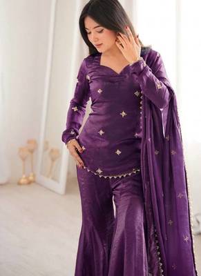 purple color embroidery sequence work   silk blend   kurta set 1