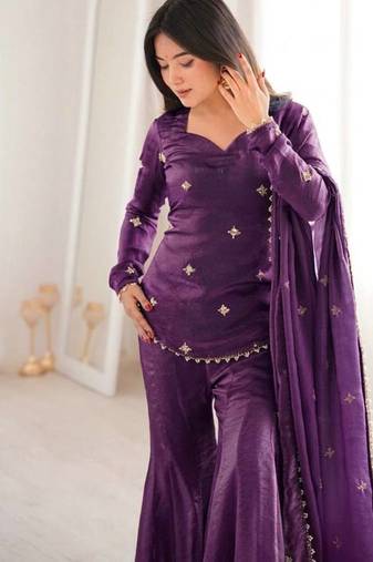 purple embroidery sequence silk blend kurta set