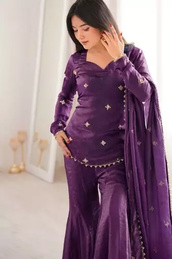 purple color embroidery sequence work   silk blend   kurta set