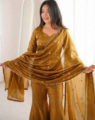 mustard color embroidery sequence work   silk blend   kurta set 1