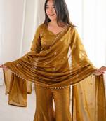 mustard color embroidery sequence work   silk blend   kurta set