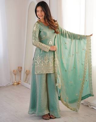 sea green color embroidery sequence work   silk blend   kurta set 3