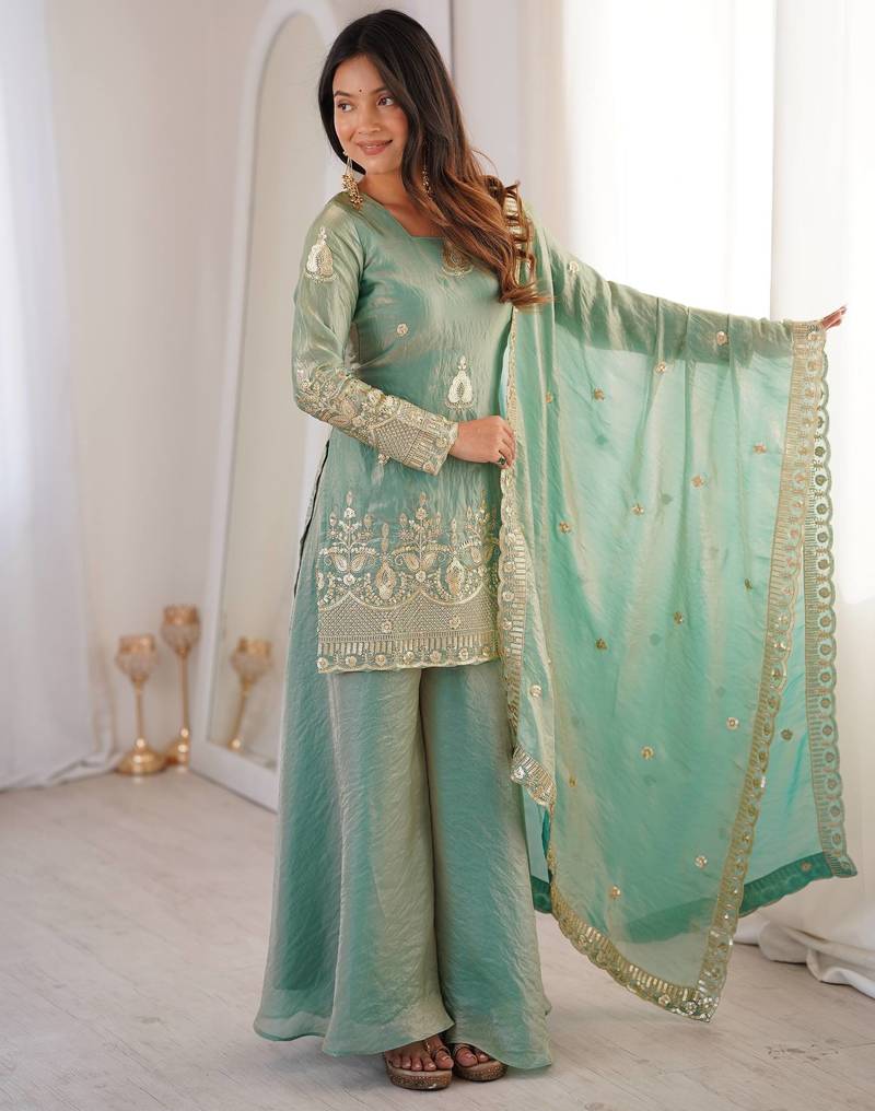 sea green color embroidery sequence work   silk blend   kurta set