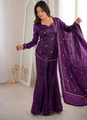 purple color embroidery sequence work   silk blend   kurta set 2