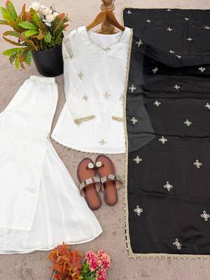 white color embroidery sequence work   silk blend   kurta set 4
