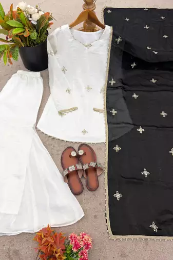 white color embroidery sequence work   silk blend   kurta set