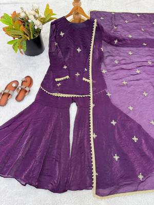 purple color embroidery sequence work   silk blend   kurta set 3