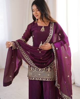 plum color embroidery sequence work   silk blend   kurta set 1