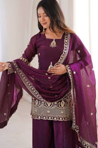 plum embroidery sequence silk blend kurta set