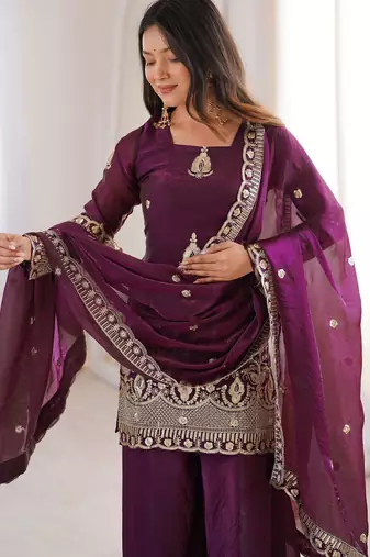 plum color embroidery sequence work   silk blend   kurta set