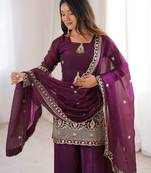 plum color embroidery sequence work   silk blend   kurta set