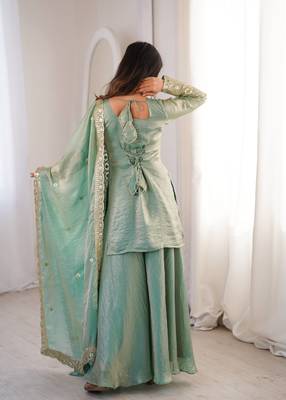 sea green color embroidery sequence work   silk blend   kurta set 4