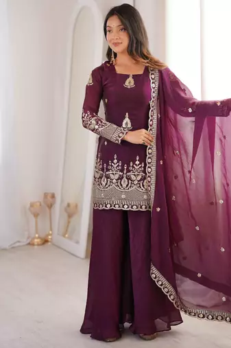plum color embroidery sequence work   silk blend   kurta set
