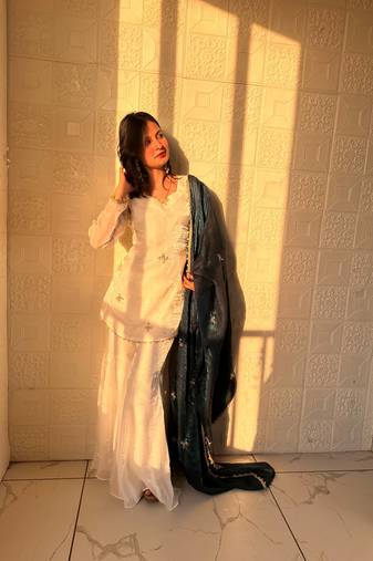 teal embroidery sequence silk blend kurta set