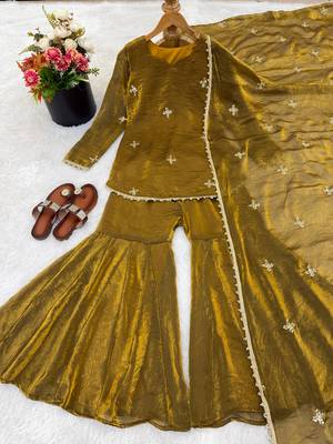 mustard color embroidery sequence work   silk blend   kurta set 3