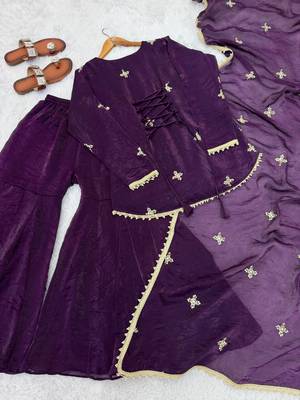purple color embroidery sequence work   silk blend   kurta set 4