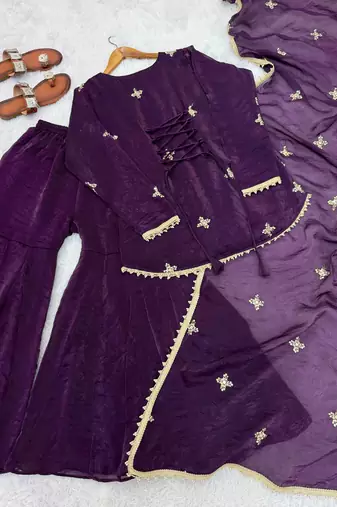 purple color embroidery sequence work   silk blend   kurta set