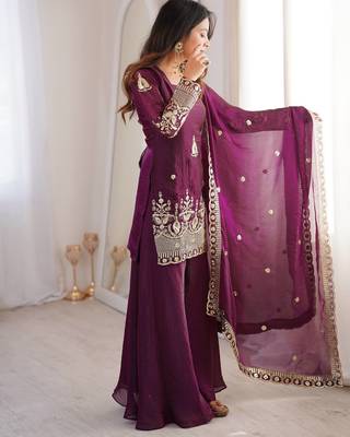 plum color embroidery sequence work   silk blend   kurta set 3