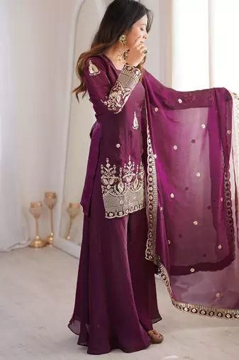 plum color embroidery sequence work   silk blend   kurta set