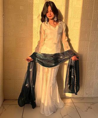 teal color embroidery sequence work   silk blend   kurta set 2