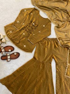 mustard color embroidery sequence work   silk blend   kurta set 4